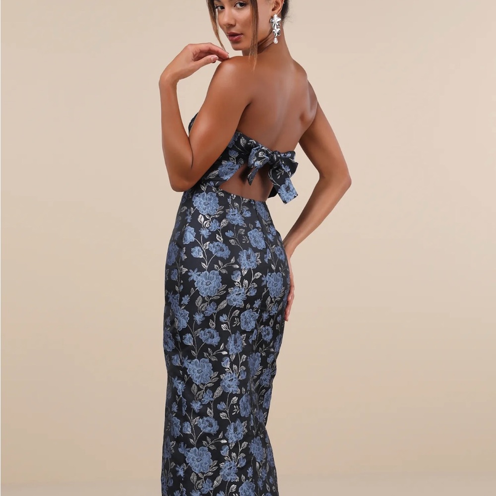 Lulus Beloved Belle Black Multi Jacquard Strapless Bow back Midi Dress - Picture 2 of 4
